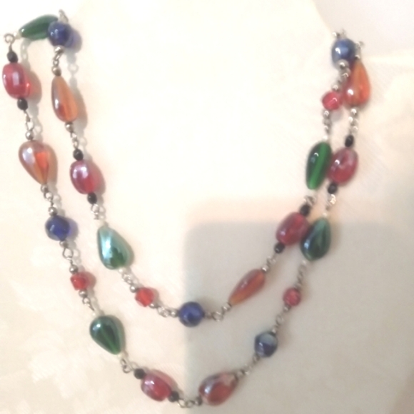 Luster Art Glass Beads Necklace 33" Rosery Style Multicolor - Picture 1 of 5